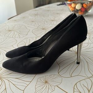 Vintage Stuart Weitzman Black Satin Rhinestone Heel Pumps size 10
